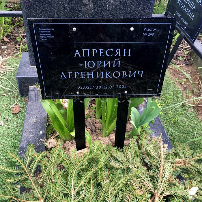 Табличка на могиле Ю.Д. Апресяна на Пыхтинском кладбище